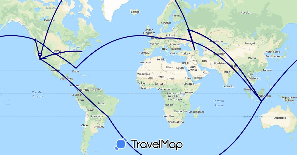 TravelMap itinerary: driving in Brazil, Canada, Germany, Georgia, Indonesia, Russia, United States (Asia, Europe, North America, South America)